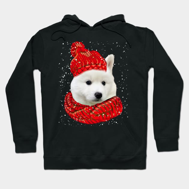 White Husky Wearing Red Hat And Scarf In Snow Christmas Hoodie by SuperMama1650